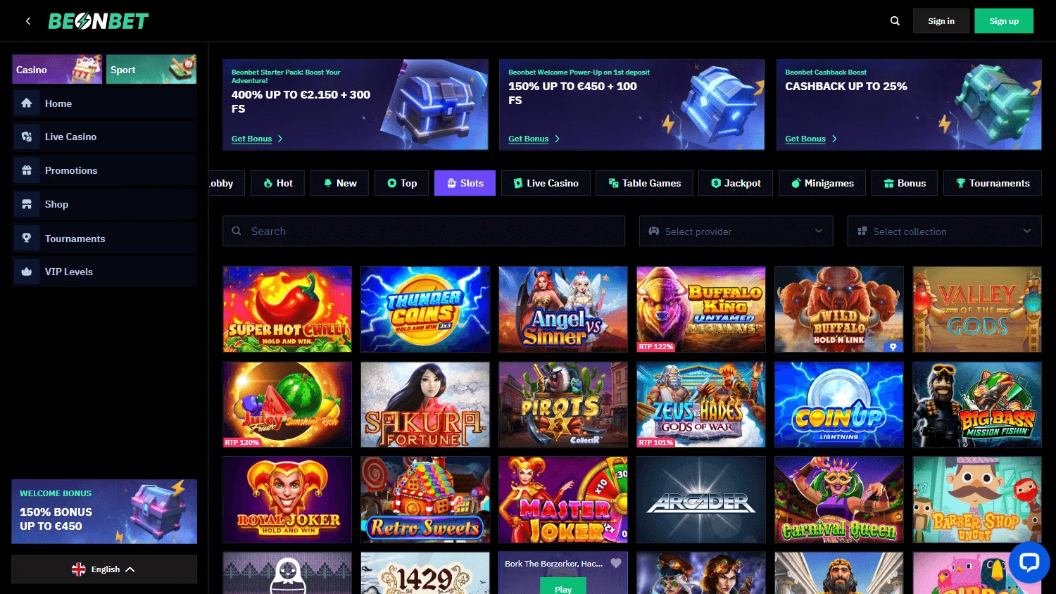 Beonbet Casino desktop games screen with casino categories and titles
