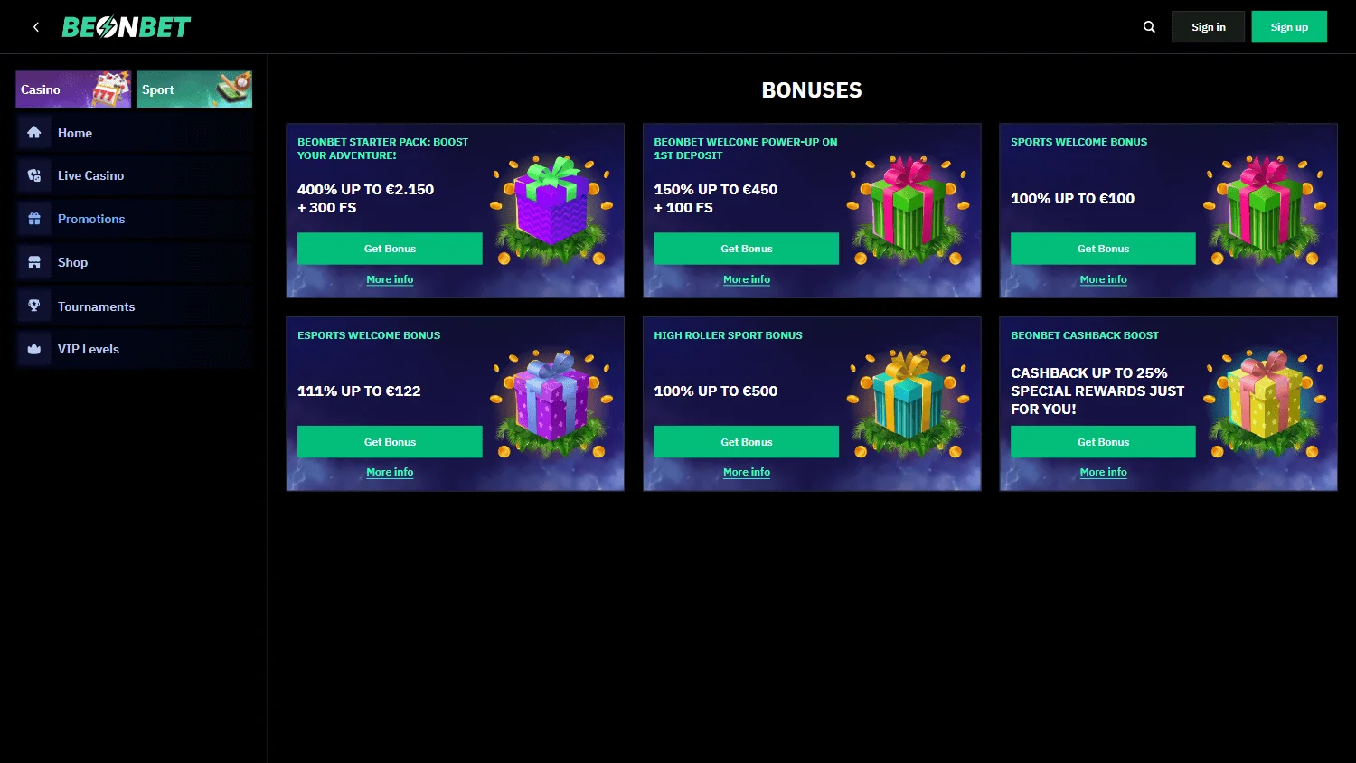 Beonbet Casino desktop promotions screen with welcome and promotional offers