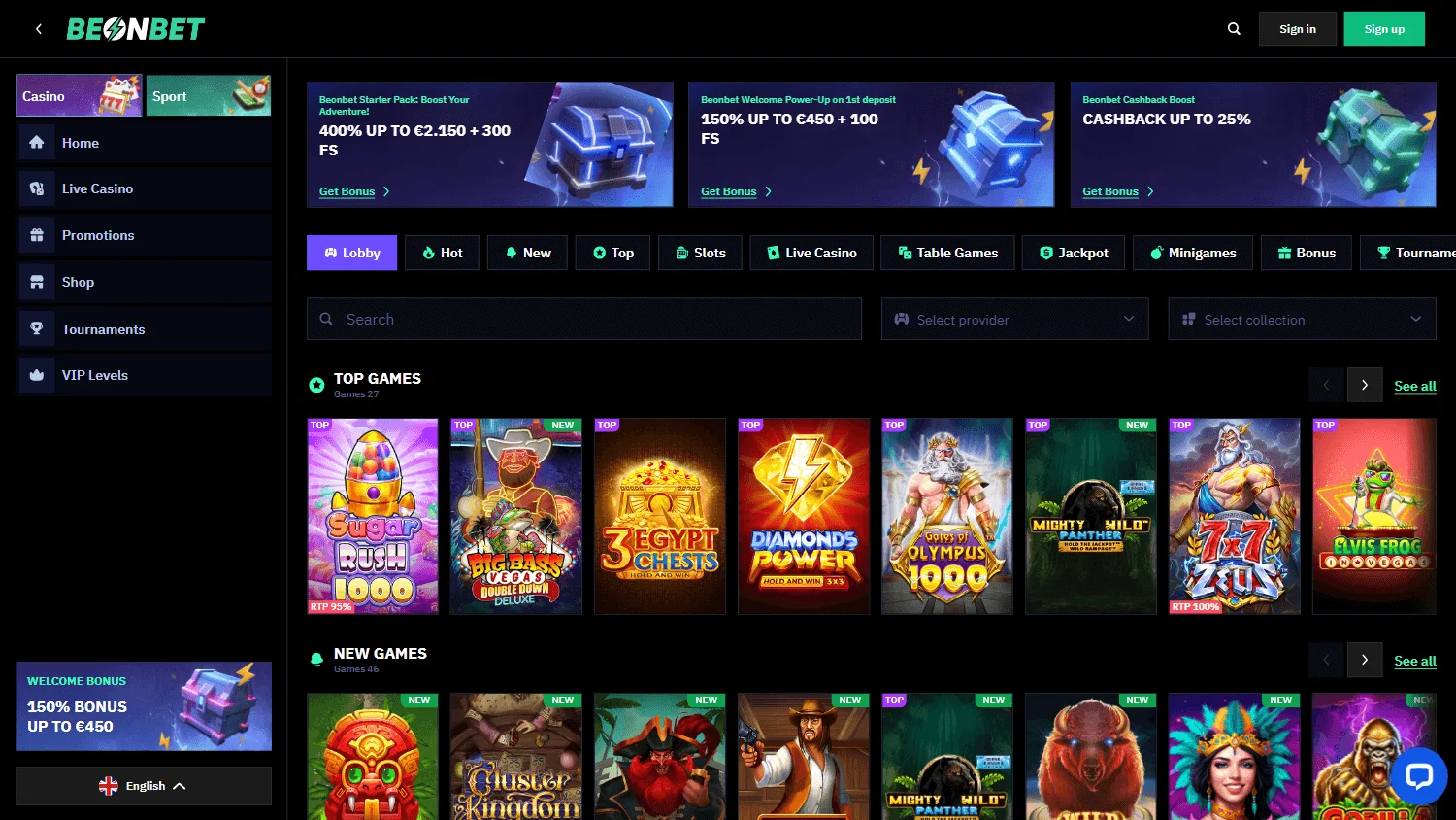 Beonbet Casino desktop home screen with casino and sportsbook access